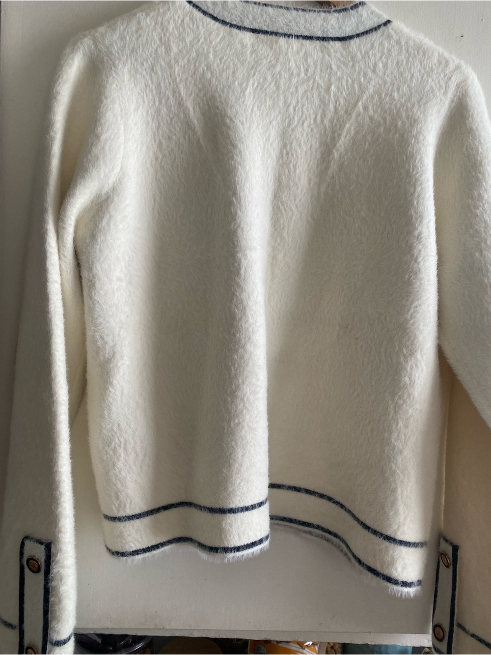 Greige White Chanel style Cardigan with black trim Large Anthropologie NWT - Picture 2 of 3
